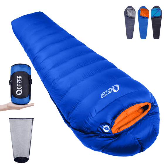 QEZER Adult Down Mummy Sleeping Bag - Lightweight and Warm for Cold Weather Camping, Backpacking, and Hiking, 18°F to 32°F