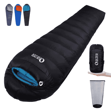 QEZER Down Sleeping Bag for Adults 10°F Backpacking Sleeping Bag for Cold Weather with Compression Sack