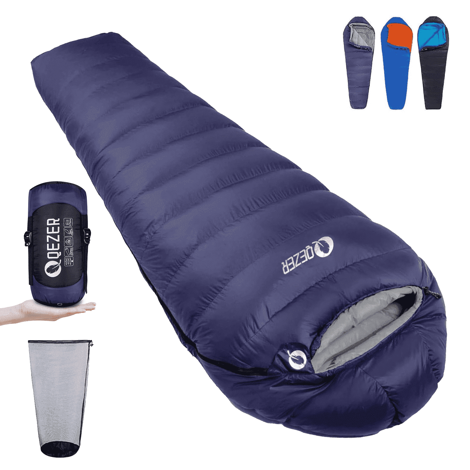 QEZER 4 Season Mummy Down Sleeping Bag Ultralight Warm for Camping, Hiking, Trekking