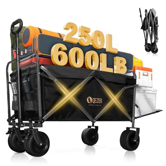 QEZER Large Collapsible Folding Wagon with Tailgate and Brake, 600LBS Heavy Duty Utility Cart, 250L Large All-Terrain Beach Wagon for Camping Garden Shopping Grocery Sports