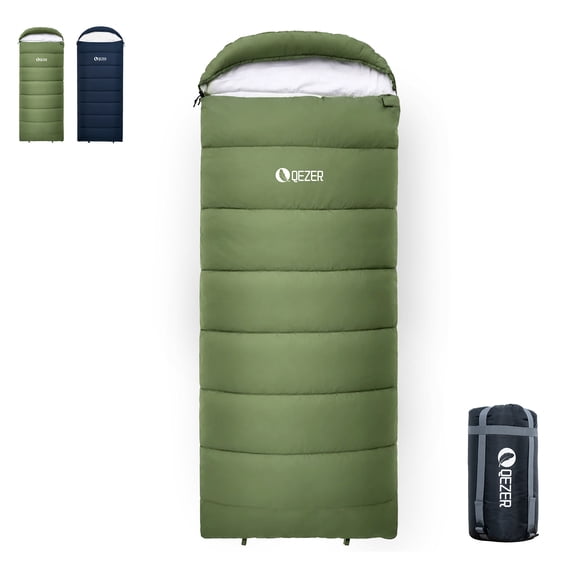 QEZER Sleeping Bag for Adults, Water-Resistant Lightweight Camping Bag, 36°F-61°F, Hollow Fiber Fill, Full-Length Zipper, Machine Washable, Compression Sack, 86.6 x 31.5 in for Backpacking & Outdoor