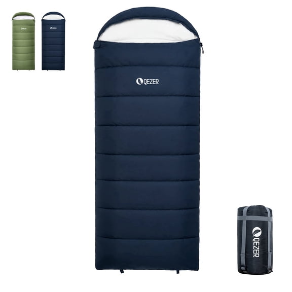 QEZER Sleeping Bag for Adults, Water-Resistant Lightweight Camping Bag, 41°F-70°F, Hollow Fiber Fill, Full-Length Zipper, Machine Washable, Compression Sack, 86.6 x 31.5 in for Backpacking & Outdoor