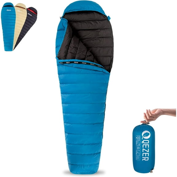 QEZER Ultralight Down Sleeping Bag for Adults 37-59 Degree F with Compression Sack for Backpacking, Hiking and Camping (Blue)