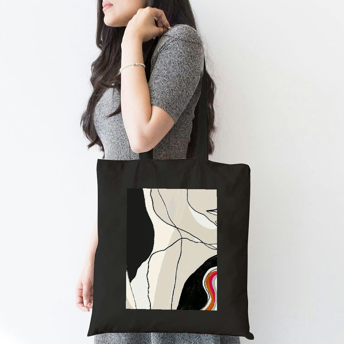 QFMY Abstract Art Faces Lines Pattern Canvas Tote Bag Travel Daily Use Beach Bag Shoulder Bag 1 Pc Black Walmart