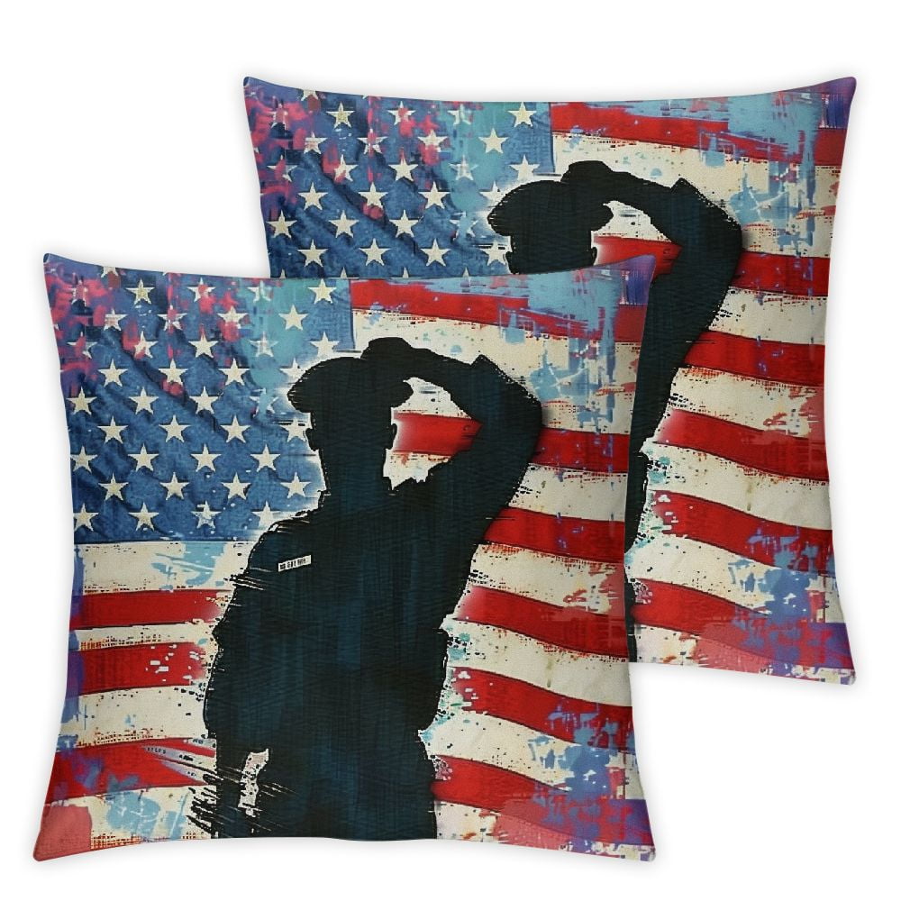 QFMY American Flag Cushion Covers Set of 2 Soldier Salute for USA Flag