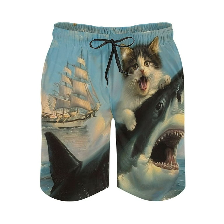 QFMY Cat Riding Shark Beach Board Shorts Men s Pants with Pockets Xl Walmart