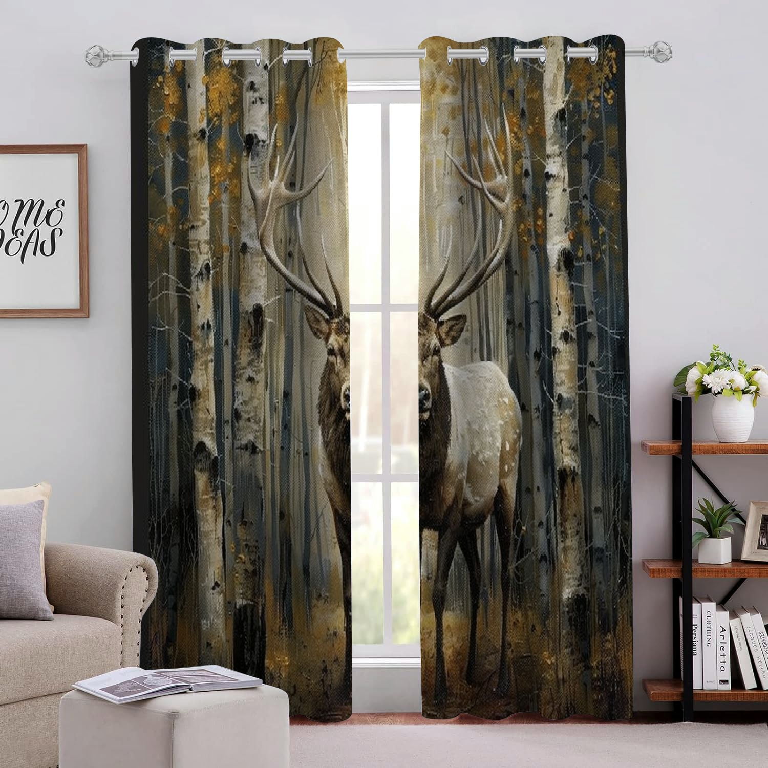 QFMY Deer Forest White Stag Perforated Blackout Curtains 2-Pack - Light ...