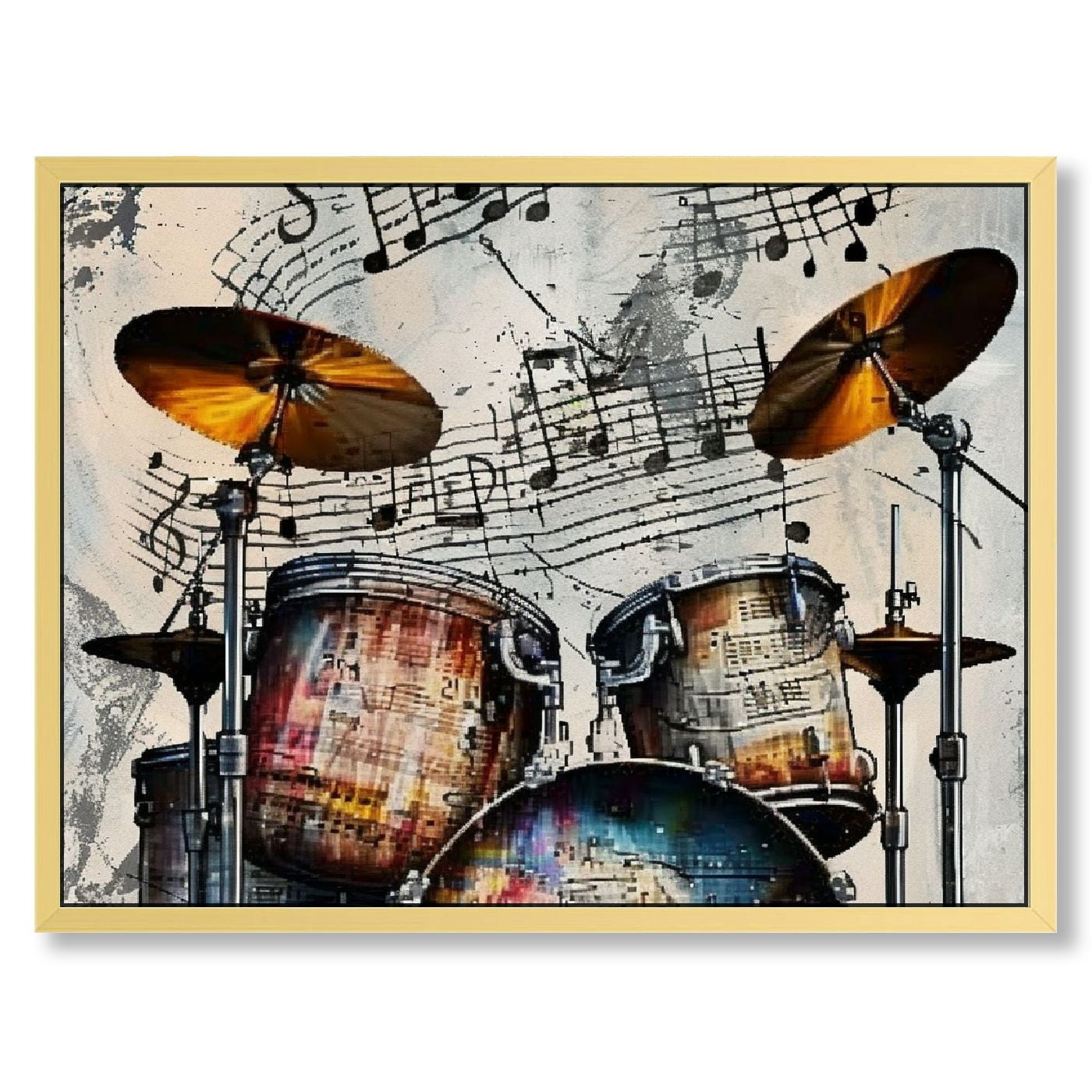 QFMY Drum Set Musical Notes Funk Art with Golden Border 16x12in