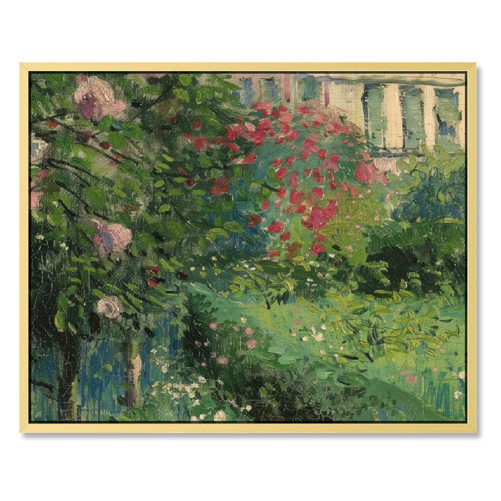 QFMY Flowers Trees Building Print On Canvas with Golden Border 16x12in