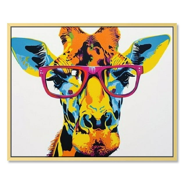 QFMY Giraffe Glasses Pop Art Canvas Print with Gold Border Decoration