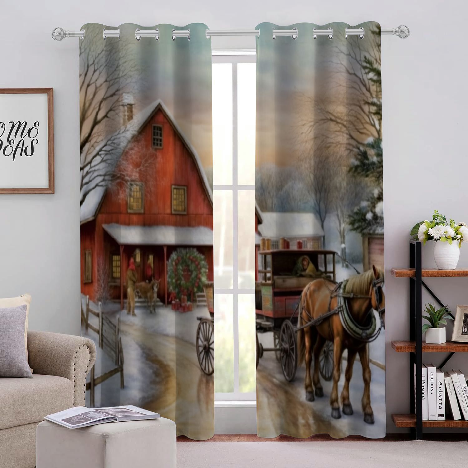 QFMY Horse Wagon Barn Perforated Light Blocking Curtains 2Pack Light Blocking Fabric 72x84in