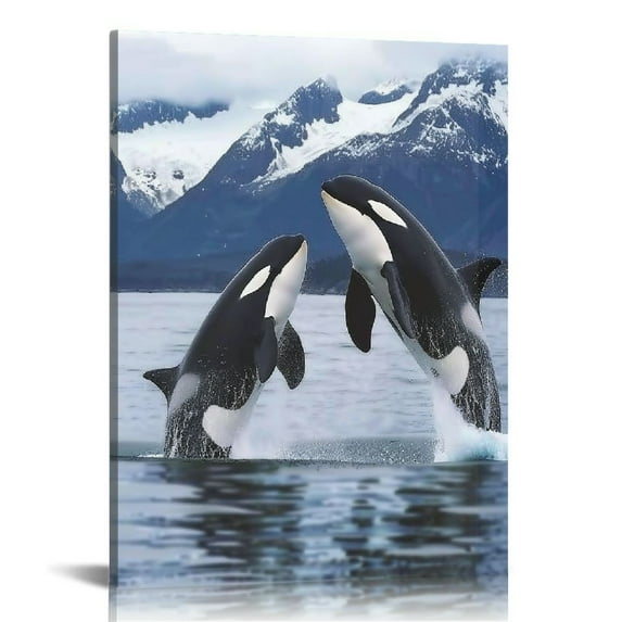 QFMY Killer Whale Orca Poster Prints - Vibrant Stunning Animal Blue Ocean Theme Pair Leaping Canvas Wall Art for Home Wall Decor 16x20 in