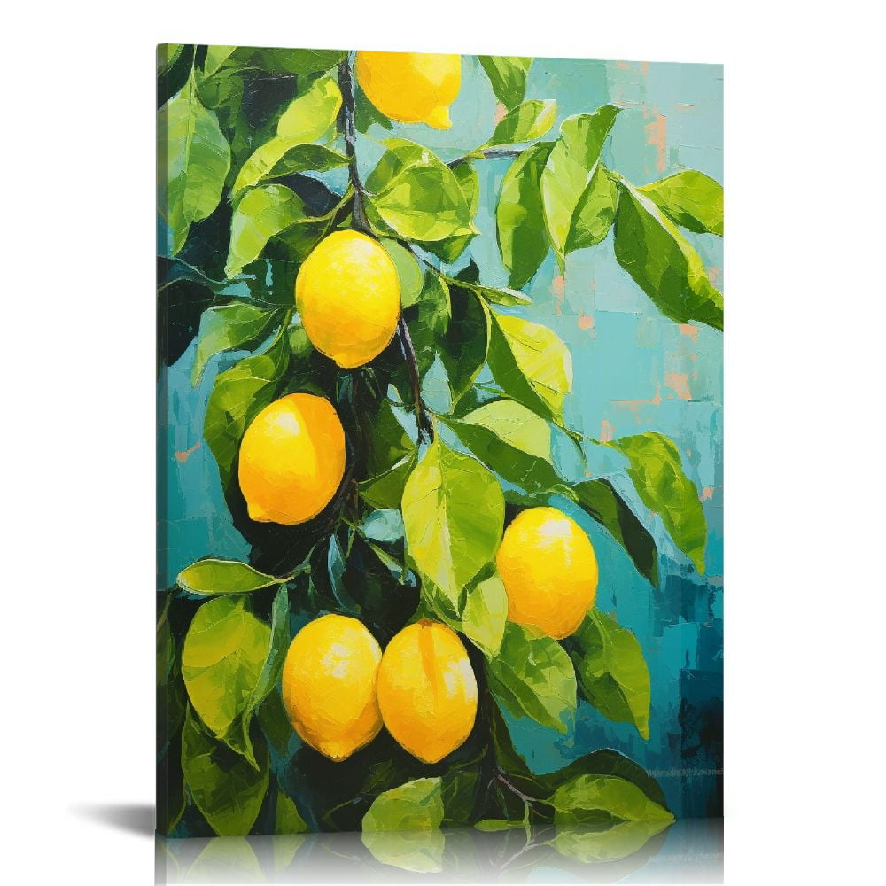 QFMY RyounoArt Fruit Kitchen Wall Decor Lemon Orange Canvas Art Painting for Dining Room Restaurant Decoration Teal and Yellow Pictures Prints Framed 16x20 in