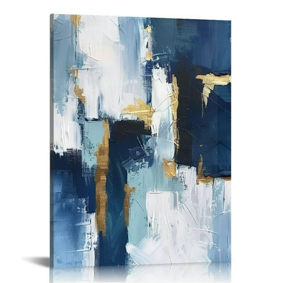 QFMY  - Silver Framed Abstract Canvas Wall Art Prints 3D Textured Navy Blue and White Abstract with Gold Foil  Modern Home Decor for Living Room Bedroom Bathroom 12x16 in