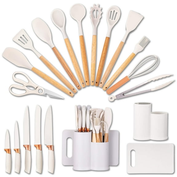 HEESEM 19pcs Silicone Kitchen Utensil Set, Heat-Resistant Non-Stick Easy Cooking Cleaning Home White