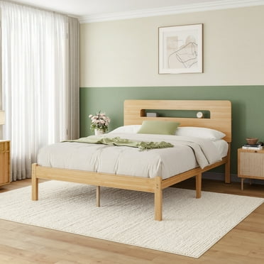 QFTIME 14 inch Queen Size Bamboo Bed Frame with Storage Headboard, Heavy Duty Wood Foundation with Metal Slats Support, No Box Spring Needed, Easy Assembly
