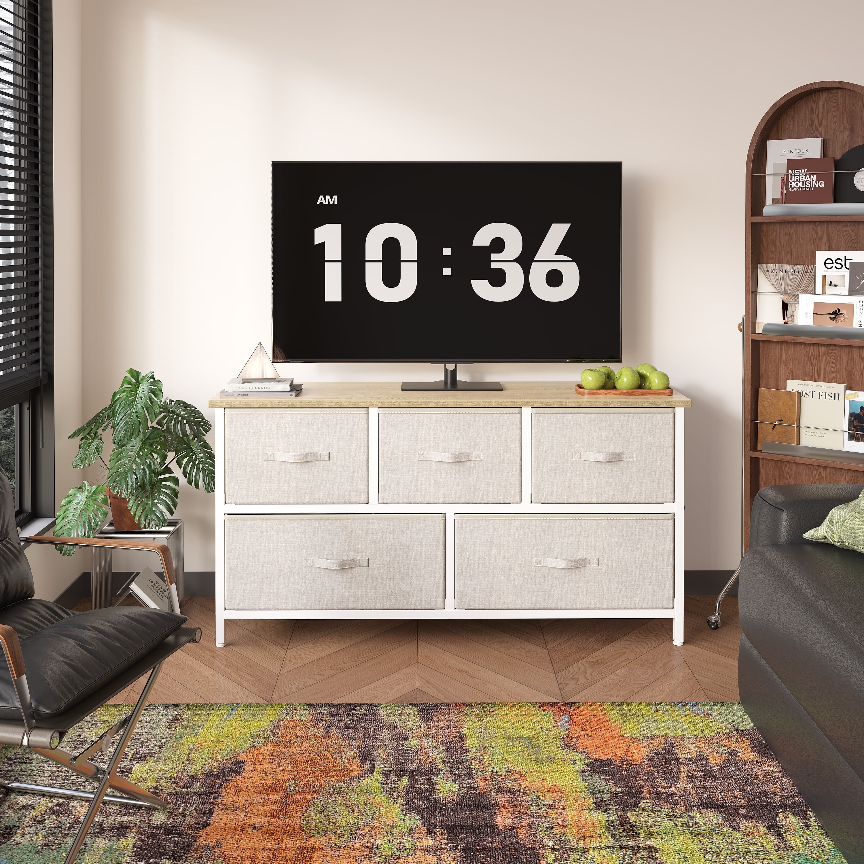 QFTIME 5 Drawer Dresser TV Stand, Sturdy Metal Frame, Massive Storage Fabric Drawers, Chest of Drawers for Bedroom, Living Room