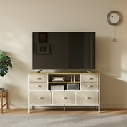 Wide 7-Drawer Dresser & TV Stand, Fabric Storage Chest with Open Shelves and Wooden Top, Sturdy Metal Frame Media Console Entertainment Center for Bedroom, Living Room, Hallway, Light Beige