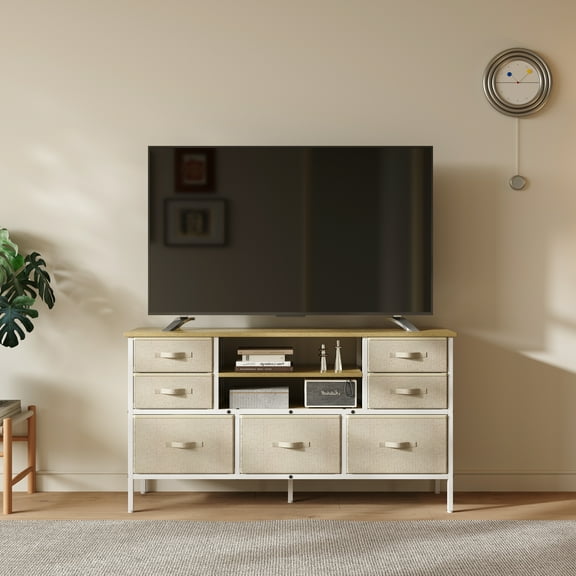 Wide 7-Drawer Dresser & TV Stand, Fabric Storage Chest with Open Shelves and Wooden Top, Sturdy Metal Frame Media Console Entertainment Center for Bedroom, Living Room, Hallway, Light Beige