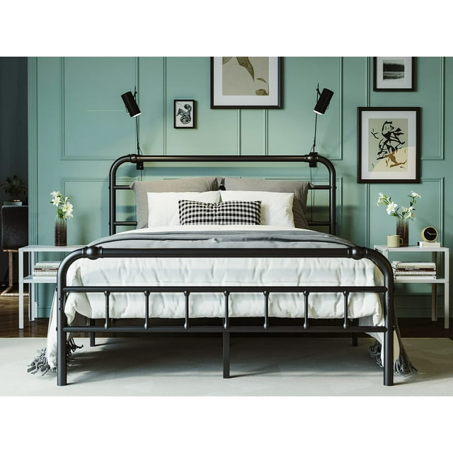 QFTIME King Bed Frame with Headboard, HeavyDuty Metal Platform Bed