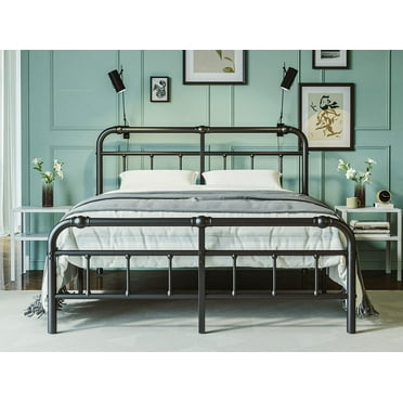 QFTIME King Bed Frame with Headboard, Heavy-Duty Metal Platform Bed Frame with 18" High, Non-Slip and Noise-Free, No Box Spring Needed, Black