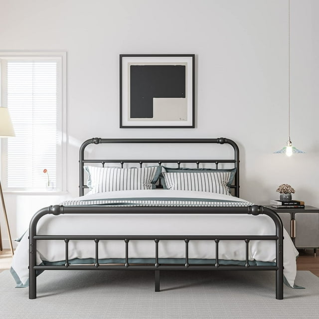 QFTIME Queen Bed Frame with Headboard, Heavy-Duty Metal Platform Bed Frame with 18" High, Non-Slip and Noise-Free, No Box Spring Needed, Black