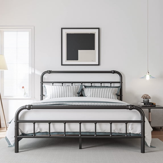QFTIME Queen Bed Frame with Headboard, Heavy-Duty Metal Platform Bed Frame with 18" High, Non-Slip and Noise-Free, No Box Spring Needed, Black