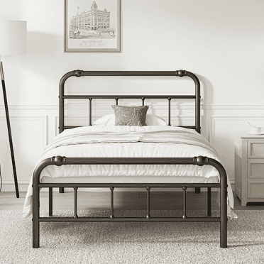 QFTIME Twin Bed Frame with Headboard, Vintage Style, Heavy-Duty Metal Platform Bed Frame with 18" High, Non-Slip and Noise-Free, No Box Spring Needed, Black