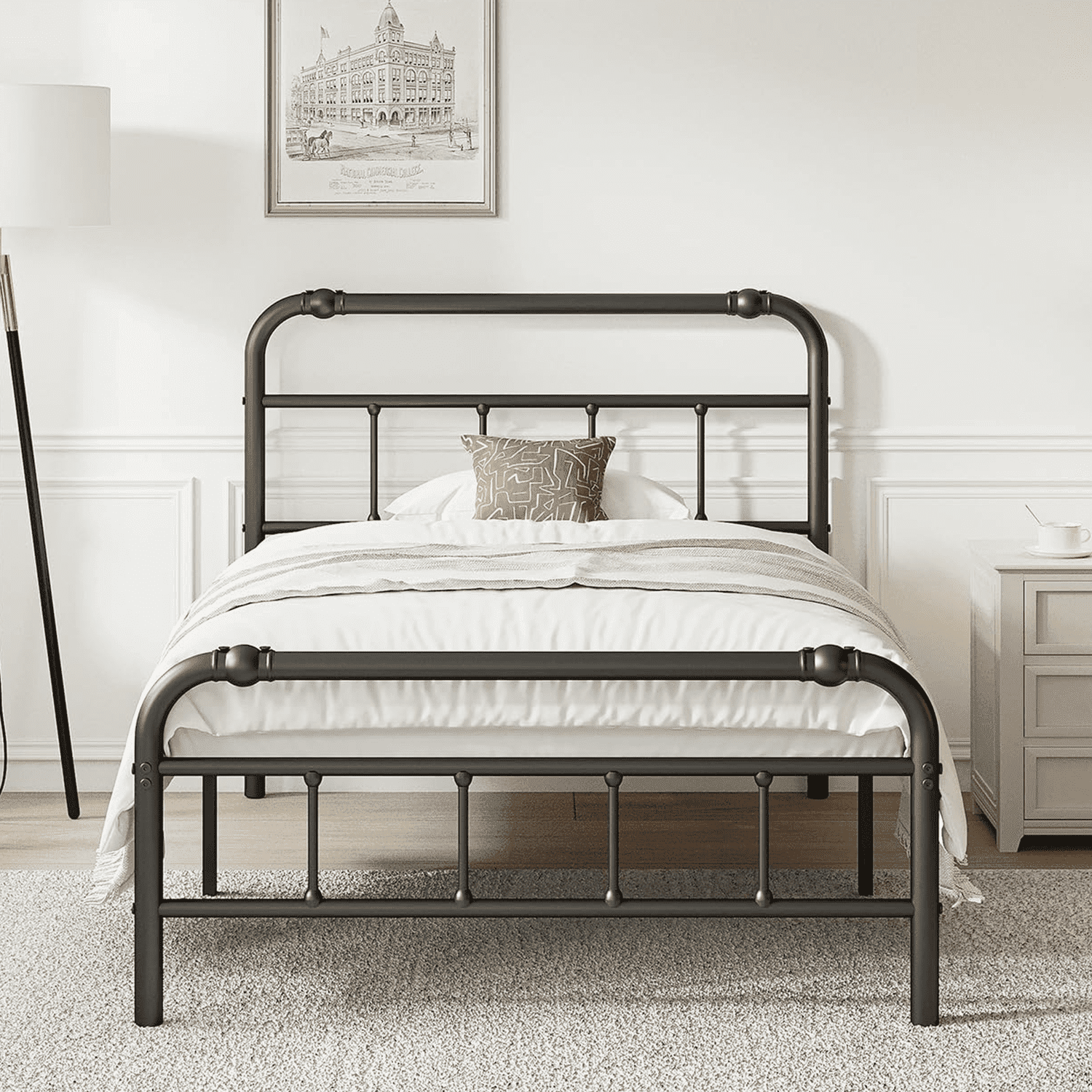 QFTIME Twin Bed Frame with Headboard, Vintage Style, Heavy-Duty Metal Platform Bed Frame with 18" High, Non-Slip and Noise-Free, No Box Spring Needed, Black
