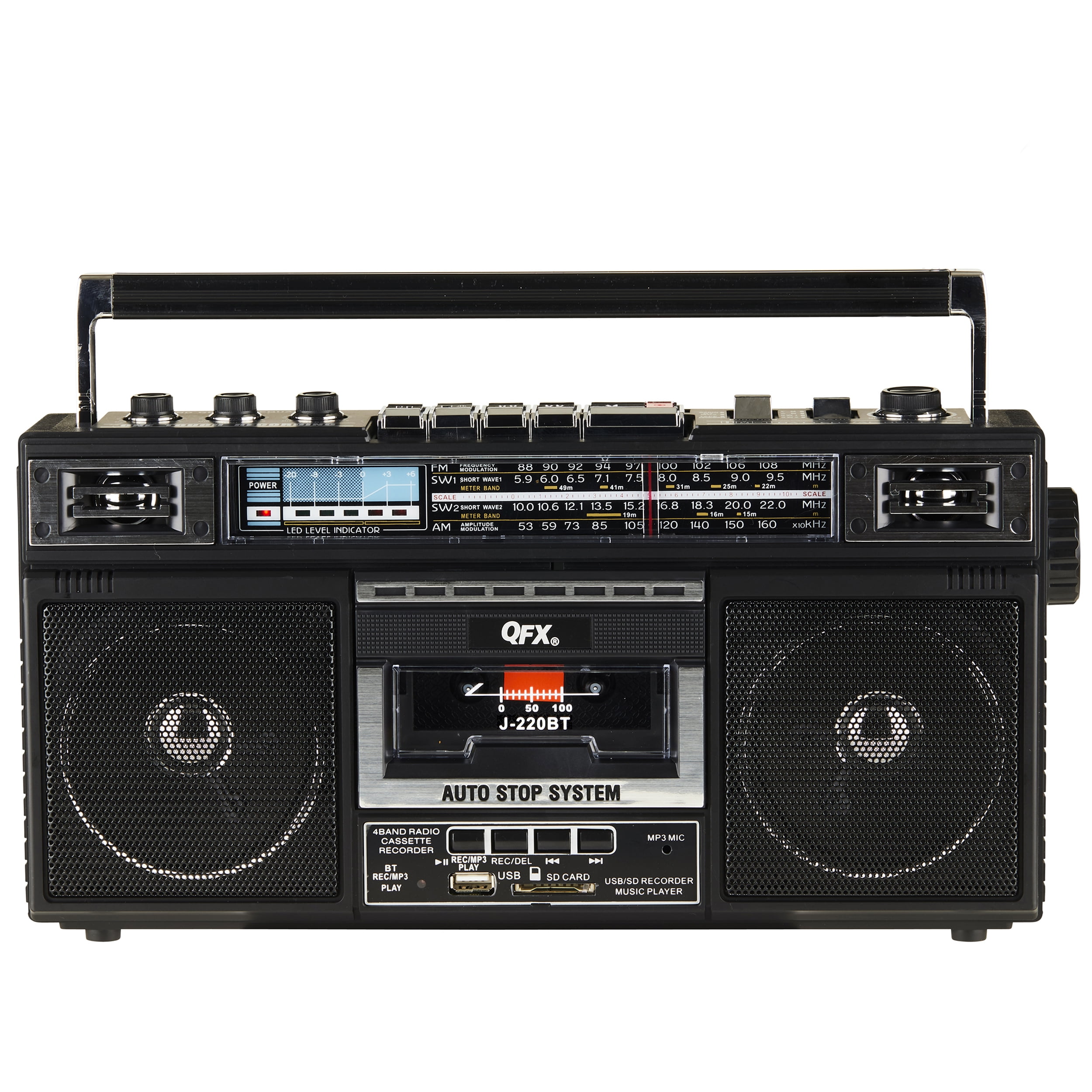 QFX Portable Stereo Cassette AM/FM/SW Bluetooth Boombox with QFX Portable Stereo Cassette AM/FM/SW Bluetooth Boombox with