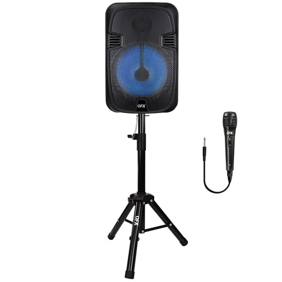 QFX PBX-1206SM 12-In. 21-Watt True Wireless Stereo Bluetooth Rechargeable Speaker with Wired Microphone, Stand, and Remote