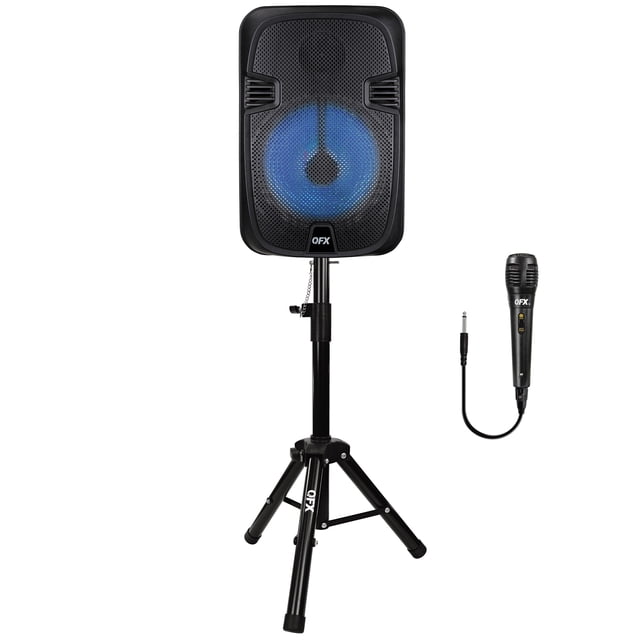 QFX PBX-1206SM 12-In. 21-Watt True Wireless Stereo Bluetooth Rechargeable Speaker with Wired Microphone, Stand, and Remote