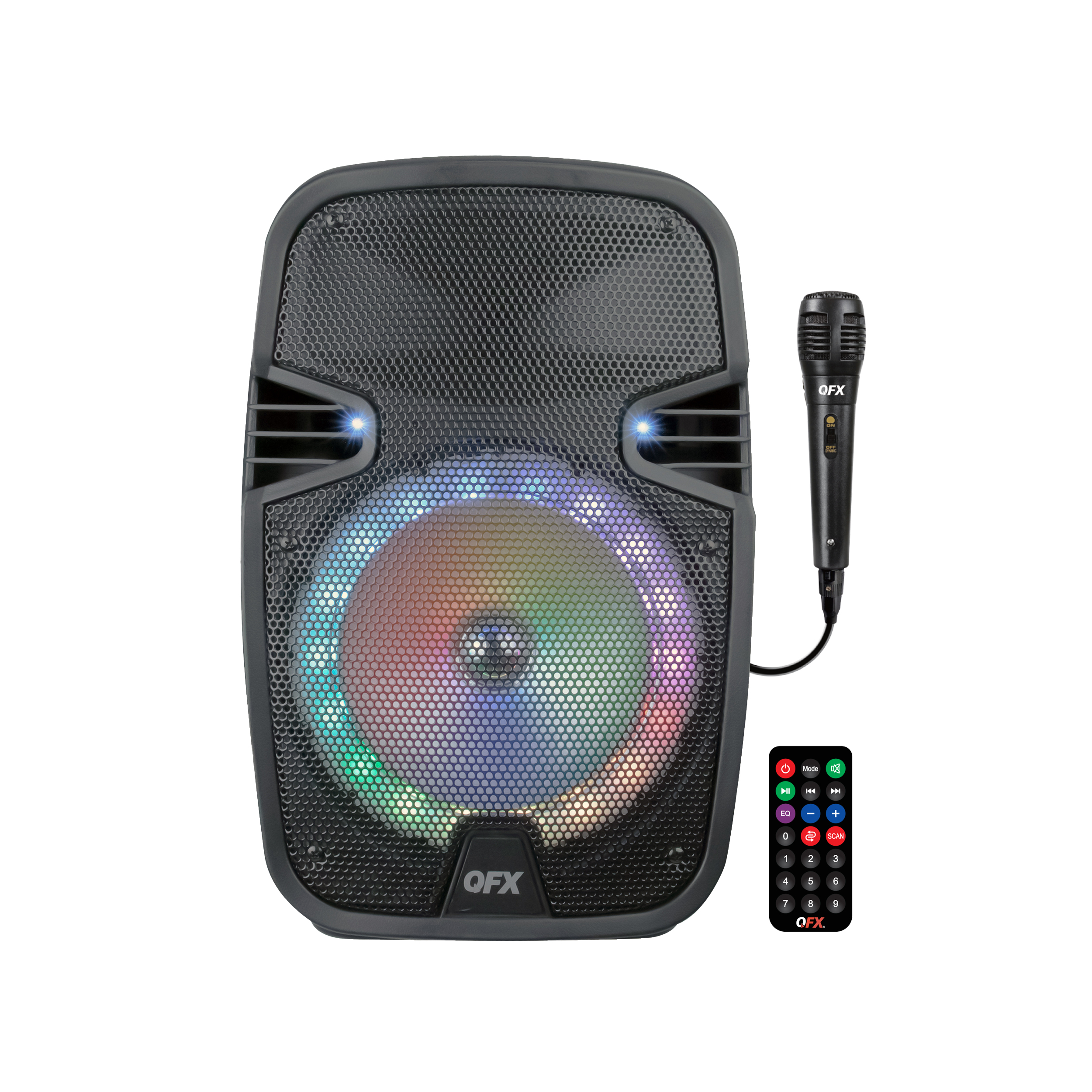 QFX PBX-8074 8” BLUETOOTH RECHARGEABLE SPEAKER WITH LED PARTY LIGHTS, INCLUDES WIRED MICROPHONE AND REMOTE - image 1 of 12