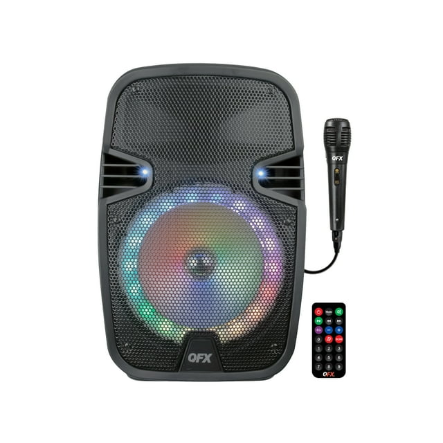 QFX PBX-8074 8” BLUETOOTH RECHARGEABLE SPEAKER WITH LED PARTY LIGHTS, INCLUDES WIRED MICROPHONE AND REMOTE