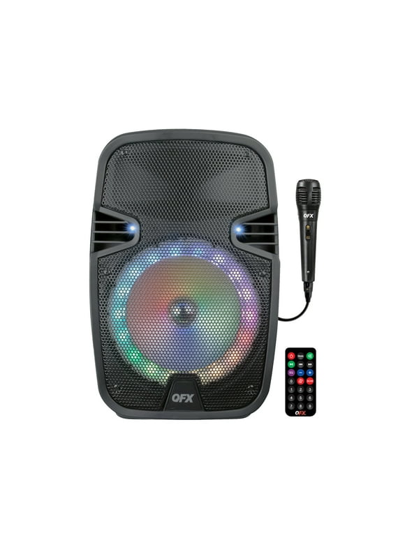 QFX PBX-8074 8” BLUETOOTH RECHARGEABLE SPEAKER WITH LED PARTY LIGHTS, INCLUDES WIRED MICROPHONE AND REMOTE