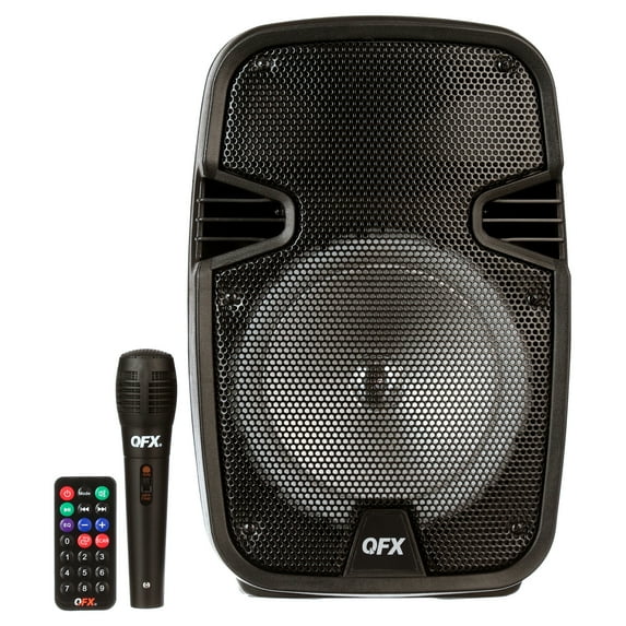 QFX WMX-8074 8 Inch Battery Powered Portable Bluetooth Party Speaker with Bonus Mic