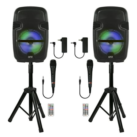 QFX PBX-808TWS Dual 8-Inch Portable Bluetooth PA Speaker System with Stands, Wired Mics, Remotes, USB/FM/TWS/LED