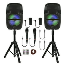 QFX PBX-808TWS TWO 8 INCH PORTABLE PA SPEAKER SYSTEMS WITH 2 SPEAKERS, 2 SPEAKER STANDS, 2 WIRED MICROPHONES AND 2 REMOTES
