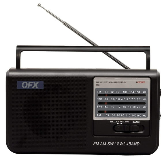 QFX Portable 4-Band AM/FM/SW1/SW2 Radio with Headphone Output, Black, R-3