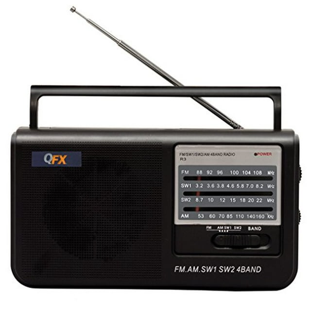 QFX Portable 4-Band AM/FM/SW1/SW2 Radio with Headphone Output, Black, R-3