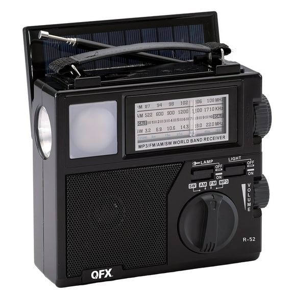 QFX Portable AM/FM/Shortwave Radio with Bluetooth, Flashlight, and Solar Panel, Black, R-52, R-52