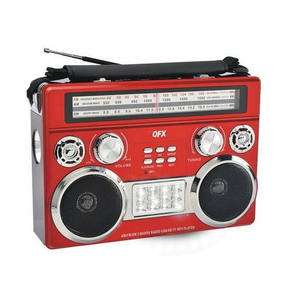 QFX R-333BT RED Retro AM & FM SW Radio with Bluetooth Flashlight & Flood Light, Red