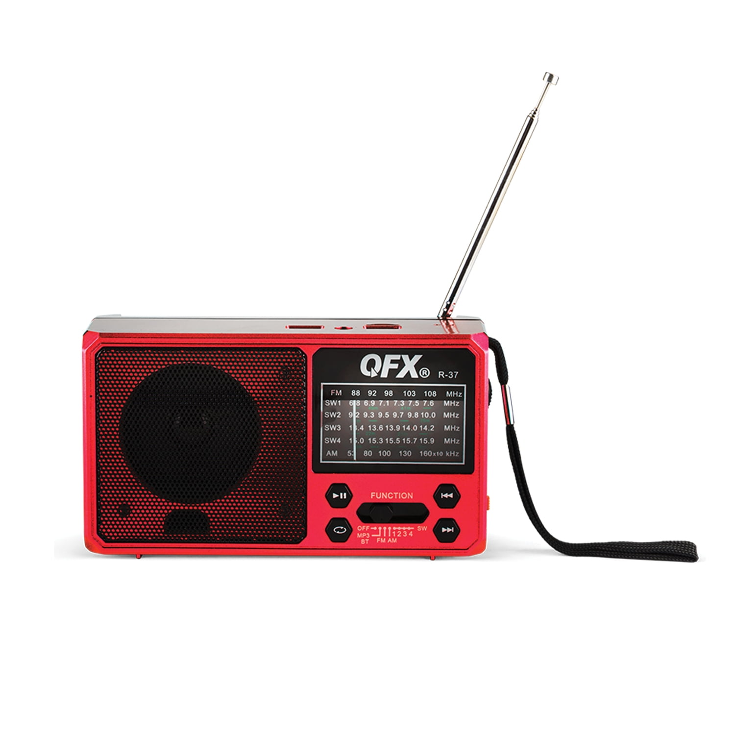 QFX Red Portable AM/FM Shortwave Radio with Bluetooth and Solar Panel
