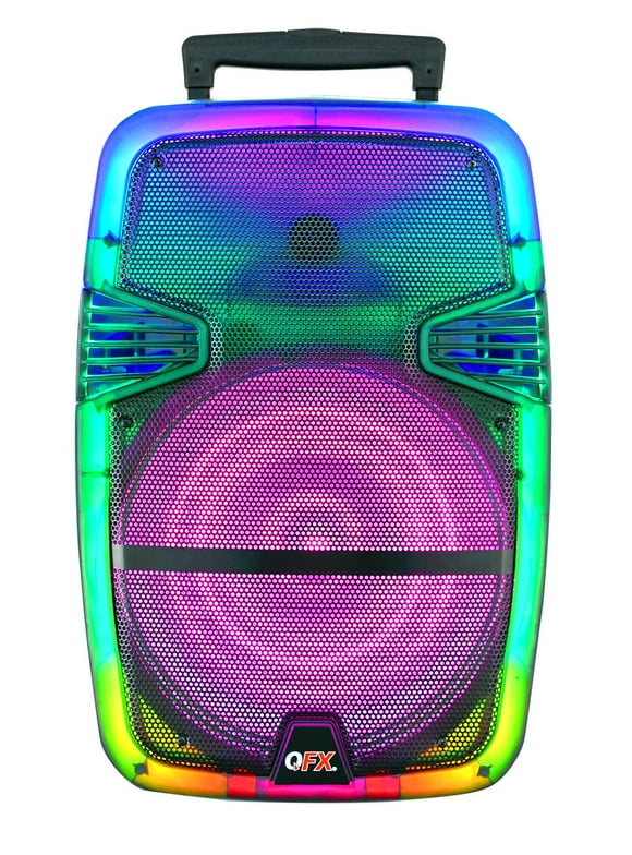 QFX TMS-1560 15” PORTABLE BLUETOOTH RECHARGEABLE PARTY SPEAKER WITH TRANSLUCENT MOTION PARTY LIGHTS AND REMOTE