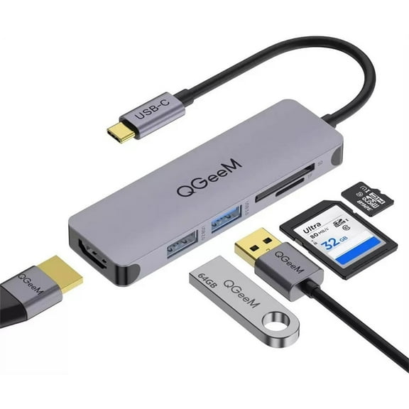 QGEEM 5 in1 USB C to HDMI Adapter, Thunderbolt 3 USBc HDMI Card Reader Compatible with MacBook Pro, Surface Pro/Go,IPad pro,XPS 13,DEX Adapter and Other Type C Laptops