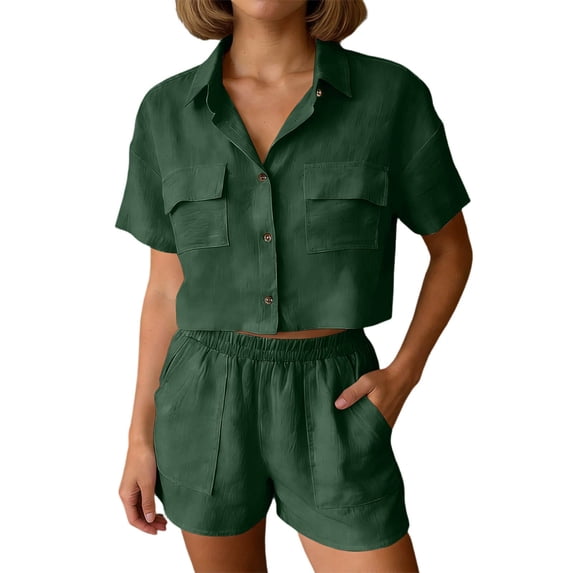 QGJZVUNL 2 Piece Sets for Women Summer Casual Short Sleeve Button Tops Elastic Waist Shorts Lounge Set Size L