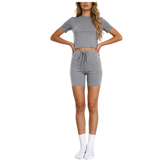 QGJZVUNL 2 Piece Sets for Women Summer Clothes Crop Short Sleeve Tops and Drawstring Shorts Workout Set Size S