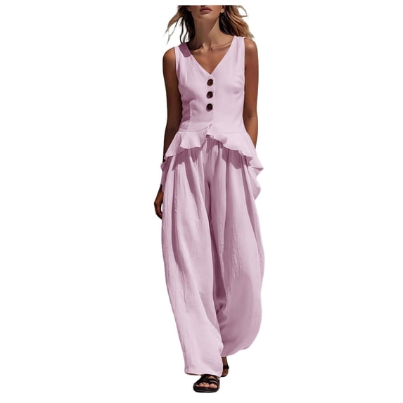 QGJZVUNL 2 Piece Sets for Women Summer Cotton Sleeveless V Neck Ruffle Tops and Wide Leg Pants Matching Sets Women Clothing Size S