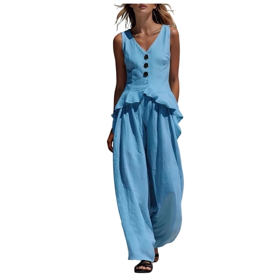 QGJZVUNL 2 Piece Sets for Women Summer Cotton Sleeveless V Neck Ruffle Tops and Wide Leg Pants Matching Sets Women Clothing Size XL