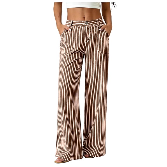 QGJZVUNL Button High Waist Trousers for Womens Striped Wide Leg Pants with Pockets Size 2XL